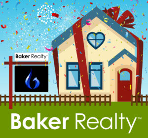 Cute home w/ big bow drawn in, with Baker Realty sign and logo